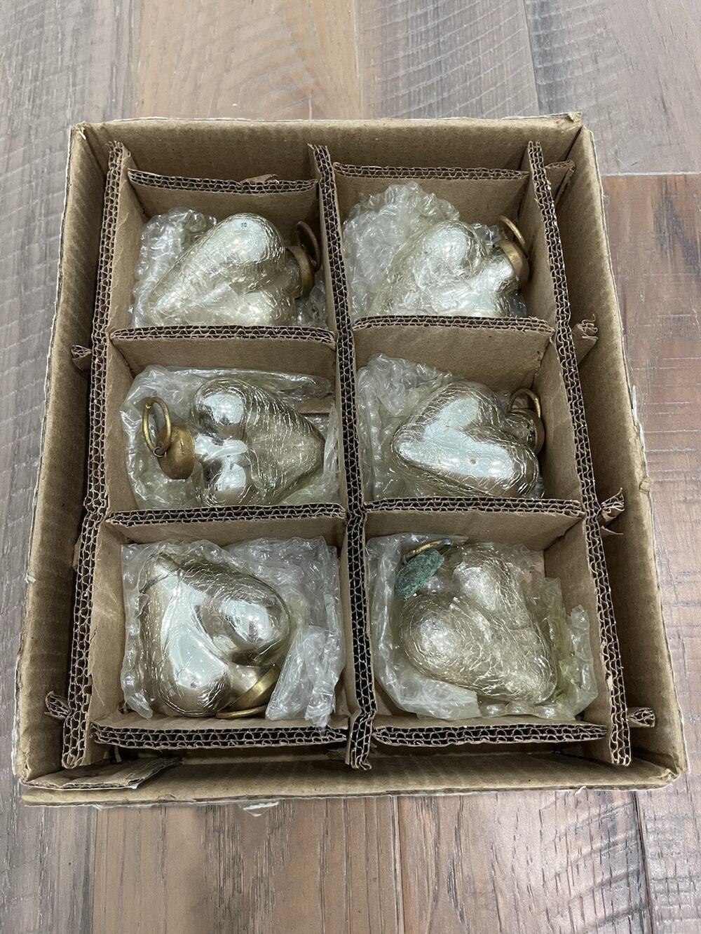 Set of 6 Kugel Style Silver Crackle Mercury Glass Heart Christmas Ornaments